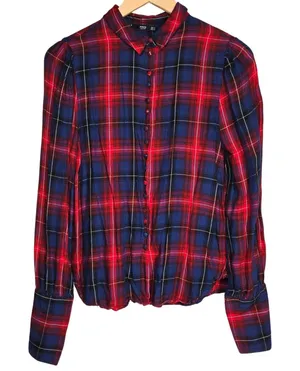 Mango MNG Basics Womens Annie Red Blue Plaid Long Sleeve Button‎ Up Shirt Size 4 thumbnail 1
