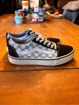 Vans womens old Skool checkerboard light blue and white sneakers 7 thumbnail 5