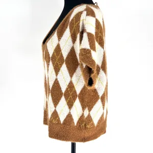 Free People Sweater Vest Women's Through the Motion Argyle Boxy Tan Cream Medium thumbnail 5