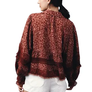 ANTHROPOLOGIE Women’s Boho Red Floral Lace Vneck Long Sleeve Top thumbnail 3