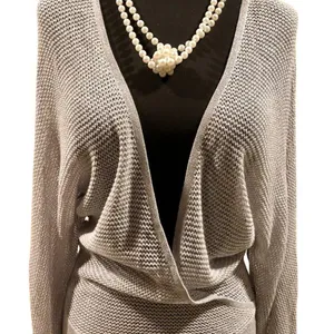Cache Knit Silver Metallic Peek A Boo Faux Wrap Top New Banded Bottom $98 NWT thumbnail 13