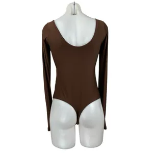 Aerie Smoothez Brown Scoop Neck Long Sleeve Sculpt Thong Bodysuit Top Size L thumbnail 3