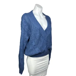 Urban Outfitters LARGE Blue Chunky Cable Knit Long Sleeve V-Neck Sweater Top thumbnail 2