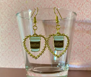 Handmade Coffee Lover Heart Dangle Earrings NEW thumbnail 3