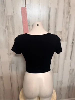 Bozzolo Ribbed Henley Crop Top Womens L Black Scoop Neck Short Sleeve Baby Tee thumbnail 3