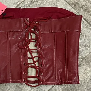 Edikted Moss Faux Leather Lace Up Corset Burgundry NEW Medium thumbnail 8