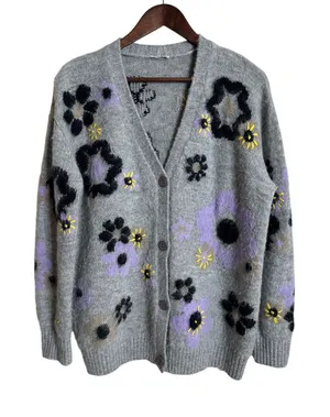 Miu Miu Flower Intarsia Cardigan in Grey Soft Fuzzy Mohair Womans 42/ US 6 thumbnail 1