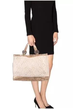 TORY BURCH Tote Bag Cable Knit METALLIC GOLD TRIM Wool Silk Lining Horse READ! thumbnail 1
