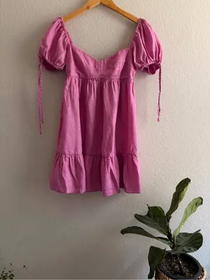 Olivaceous pink Smocked Puff Sleeve Babydoll mini Dress Women's M 100%linen thumbnail 2