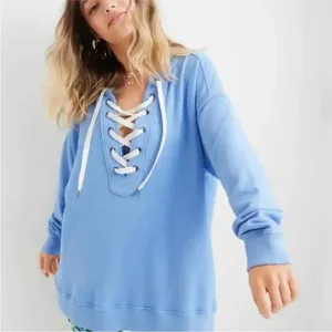 Aerie Light Blue Lace Up Oversized Pullover Sweatshirt XS thumbnail 1