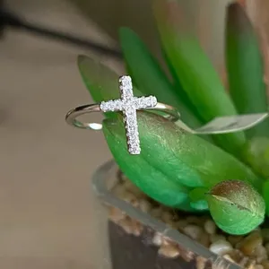 White Gold Sterling Silver Cross CZ Ring Silver Size 4 thumbnail 2