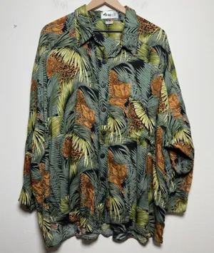 We Be Bop Women Rayon Button‎ Up Shirt 2X Green Leopard Jungle Tropical Print thumbnail 1