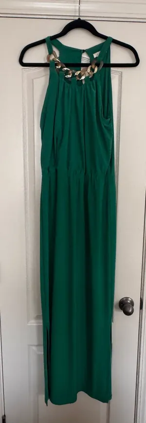 Prelude Emerald Green Maxi Dress with Gold Chain Neckline thumbnail 1