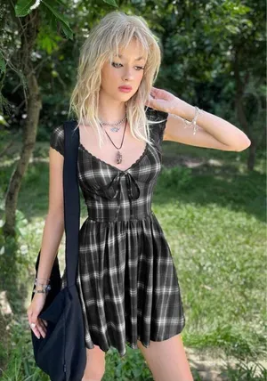 Romeo + Juliet Couture Romwe PUNK Grunge Plaid Print Knotted Front Lace Trim NWOT thumbnail 1