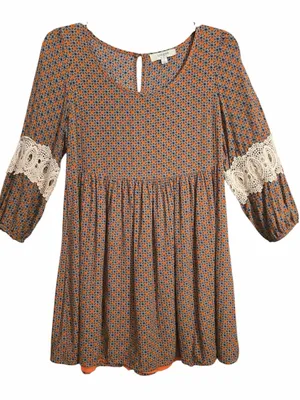 Umgee Boho Tunic Top Large Orange Blue Crochet Lace Bell Sleeve Babydoll thumbnail 2