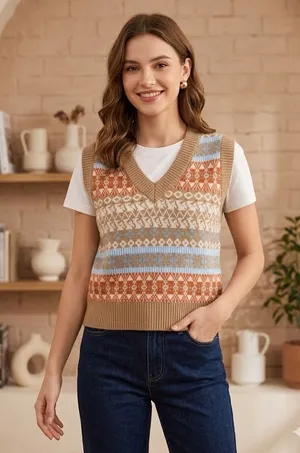 Retro Women Knit Vest Jumper Pullover Sleeveless Sweater V-Neck Warm Knitwear thumbnail 1