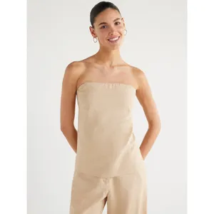 Scoop Womens Top Size XS Brown Linen Blend Removable Straps Relaxed Strapless thumbnail 4
