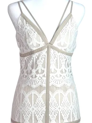 Ecru Split Front Lace Maxi Dress M Cage Spaghetti Straps Prom Beach Wedding thumbnail 5