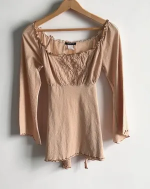 Y Generation Peach Smocked Peplum Top Long Sleeve Ruffle Square Neck Medium‎ thumbnail 1