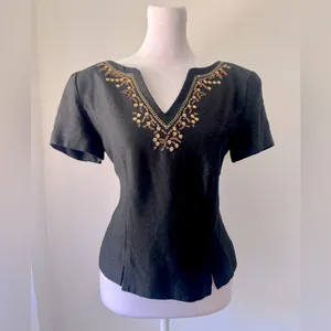 Vintage ‘90s Jessica Howard Black Floral Embroidered Blouse w/ Shoulder Pads thumbnail 3