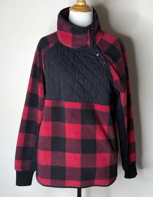 Abercrombie Red and Black Fleece Asymmetrical Snap Pullover Jacket thumbnail 1