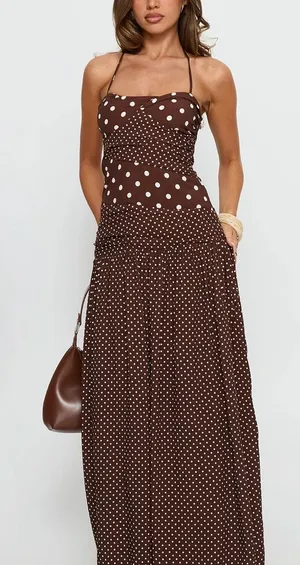 Princess Polly Brown Polka Dot Halter Maxi Dress thumbnail 1