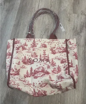 Soma Enchanted Tote Champagne Red Toile Winter Scene Canvas Bag New thumbnail 1