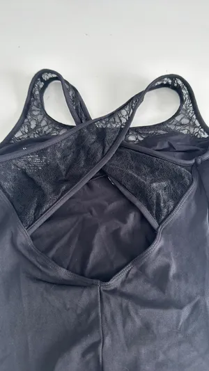 Mirella Leotard Black with lace crisscross strap detail. Size small thumbnail 6