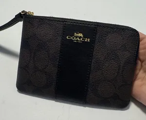 Coach Brown and Black Signature Wristlet with Gold Logo thumbnail 1
