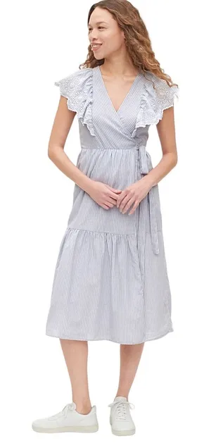 GAP Women's Striped Lace Midi Wrap Dress Tie Waist Flutter Sleeve‎ Blue Size M thumbnail 1