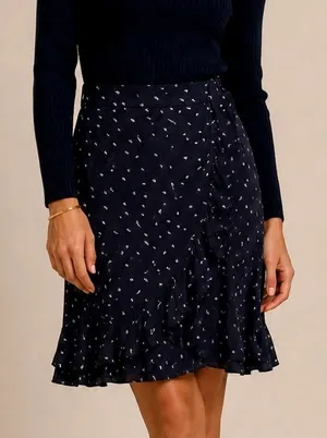 Jigsaw Chiffon Polka Dot Dash Ruffle Midi Skirt Size 4 Black Preppy Quiet Luxury thumbnail 1