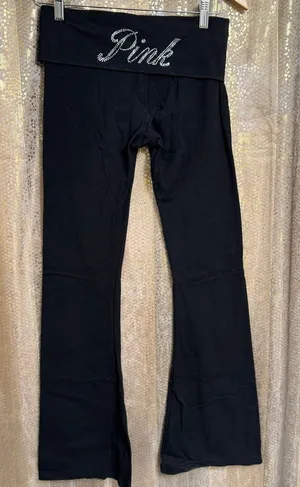 PINK Victorias Secret Rhinestone Bling Black Leggings Flare Leg Foldover Script thumbnail 1