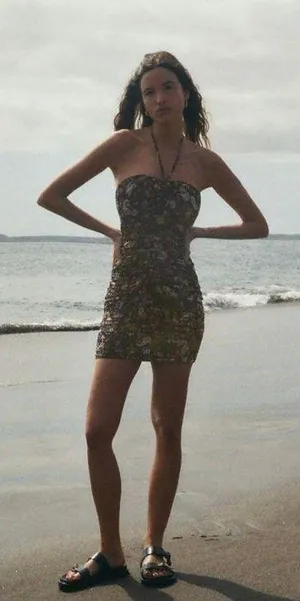 ZARA Floral Mini Dress Large Ruched Bodycon Halter Sweetheart Paisley Print thumbnail 8