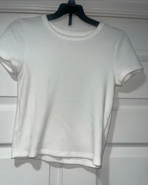 American Eagle Outfitters White Ribbed Short-Sleeve Tee thumbnail 1