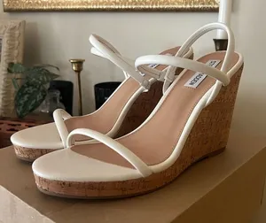 Steve Madden‎ Udell Leather Slip On Cork Wedge Slingback Sandals White NEW 9.5 thumbnail 1