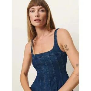NWT!!‎ REFORMATION Violet Denim Mini Dress Blue Smocked A-Line Skirt Size 12 thumbnail 5