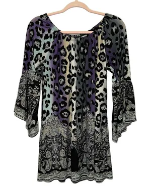Leopard & Paisley Bell‎ Sleeve Small Boho Mixed Print Tunic or Mini Dress thumbnail 1