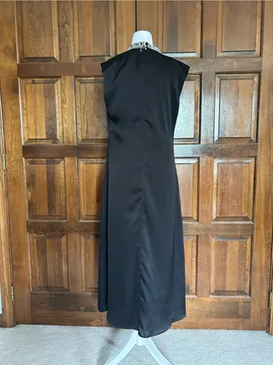 MISA Los Angeles Kira Black‎ Satin Midi Dress Crystal Embellished Neck Medium thumbnail 4