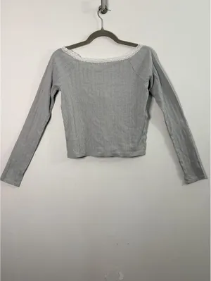 Aeropostale Women’s Small Gray Ribbed Pointelle Lace Long Sleeve Crop Top thumbnail 2