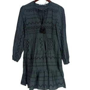 Zara Boho Oversized Embroidered Long Sleeve Mini Dress Tassel V Neck XS Green thumbnail 2