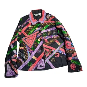 Vtg 1990s Keren Hart Black Colorful Geometric Applique Cotton Button Up Shirt XL thumbnail 1