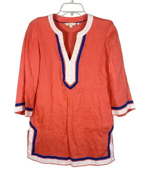 Boden‎ Linen Tunic Womens 6 Coral Pink Excellent Split V-Neck Contrast Trim Top thumbnail 1