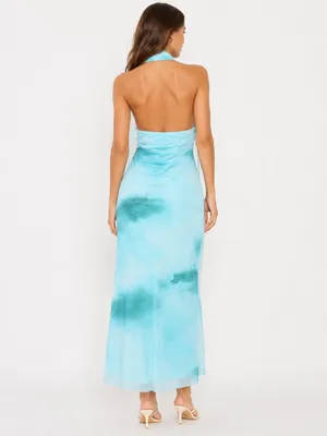 NWT Zara Aqua Watercolor Halter Midi Dress Size L thumbnail 2