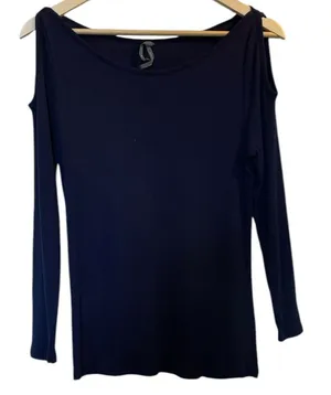 ANTHROPOLOGIE Navy Blue Cold Shoulder Ribbed Long Sleeve Top Blouse - Sz Medium thumbnail 1