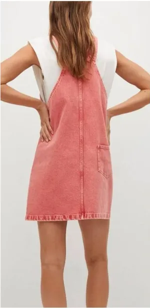 Mango Pocket Denim Pinafore Dress Faded Red/Pink Sz 2 Soft Girl Vibes Y2K‎ Era thumbnail 1