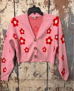 Bailey Rose Womens pink cropped flower cardigan, pink and red, size small thumbnail 1
