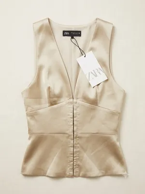 NWT Zara Champagne Satin V Neck Corset Top Peplum Hem. Size Small thumbnail 1