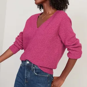 Old Navy V-Neck Melange Shaker Stitch Cocoon Pullover Sweater Berry Pink Medium thumbnail 1