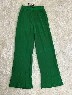 Pretty Little Thing bright green plisse high waisted wide leg trousers thumbnail 1
