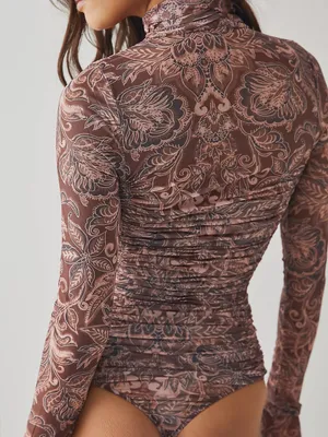 Free People Under It All Sheer Long Sleeve Mock neck Ruched Printed Bodysuit thumbnail 3